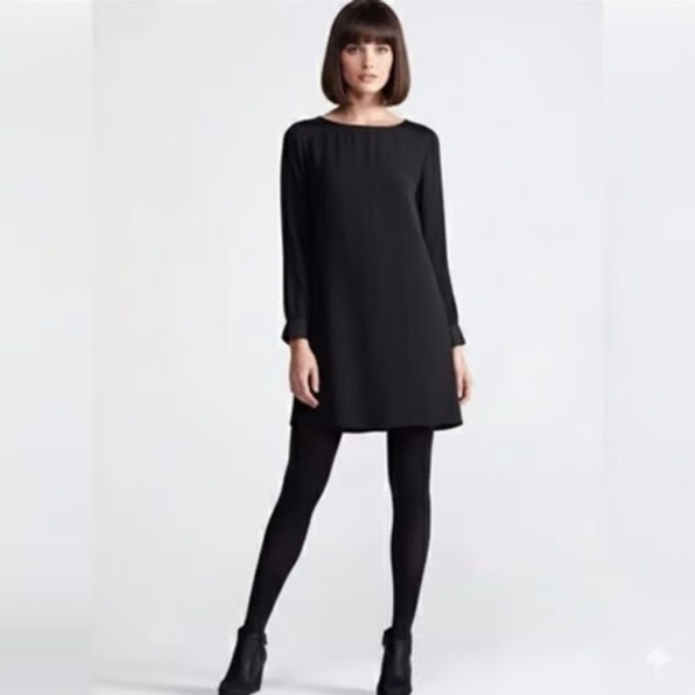 Eileen Fisher Black Georgette 100% Silk Long Sleeve Shift Dress, Size PS